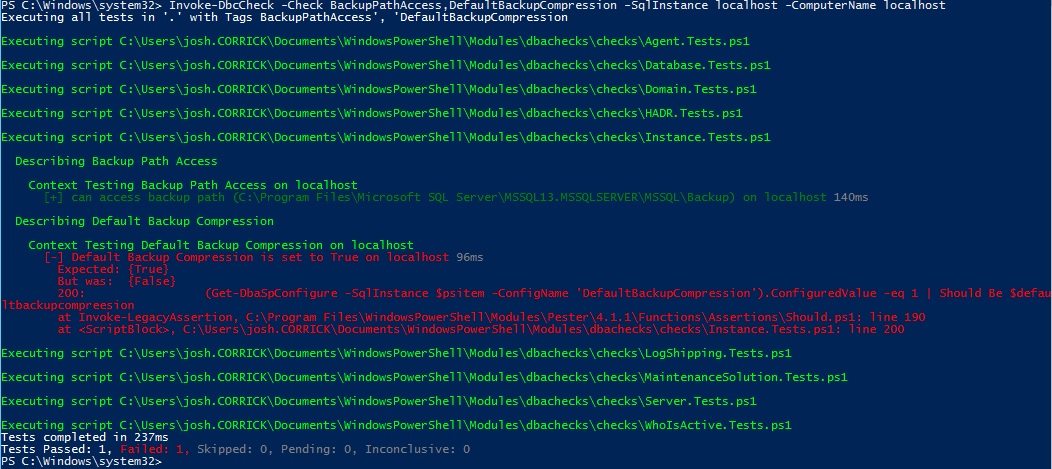 Invoke-DbcCheck -Check BackupPathAccess,DefaultBackupCompression -SqlInstance localhost -ComputerName localhost